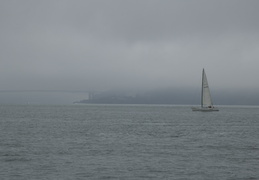 sailboat, fog & Golden Gate Bridge