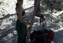 Mandy gearing up for a warm ski
