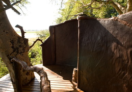 Outdoor shower, with view of zebras & lechwe